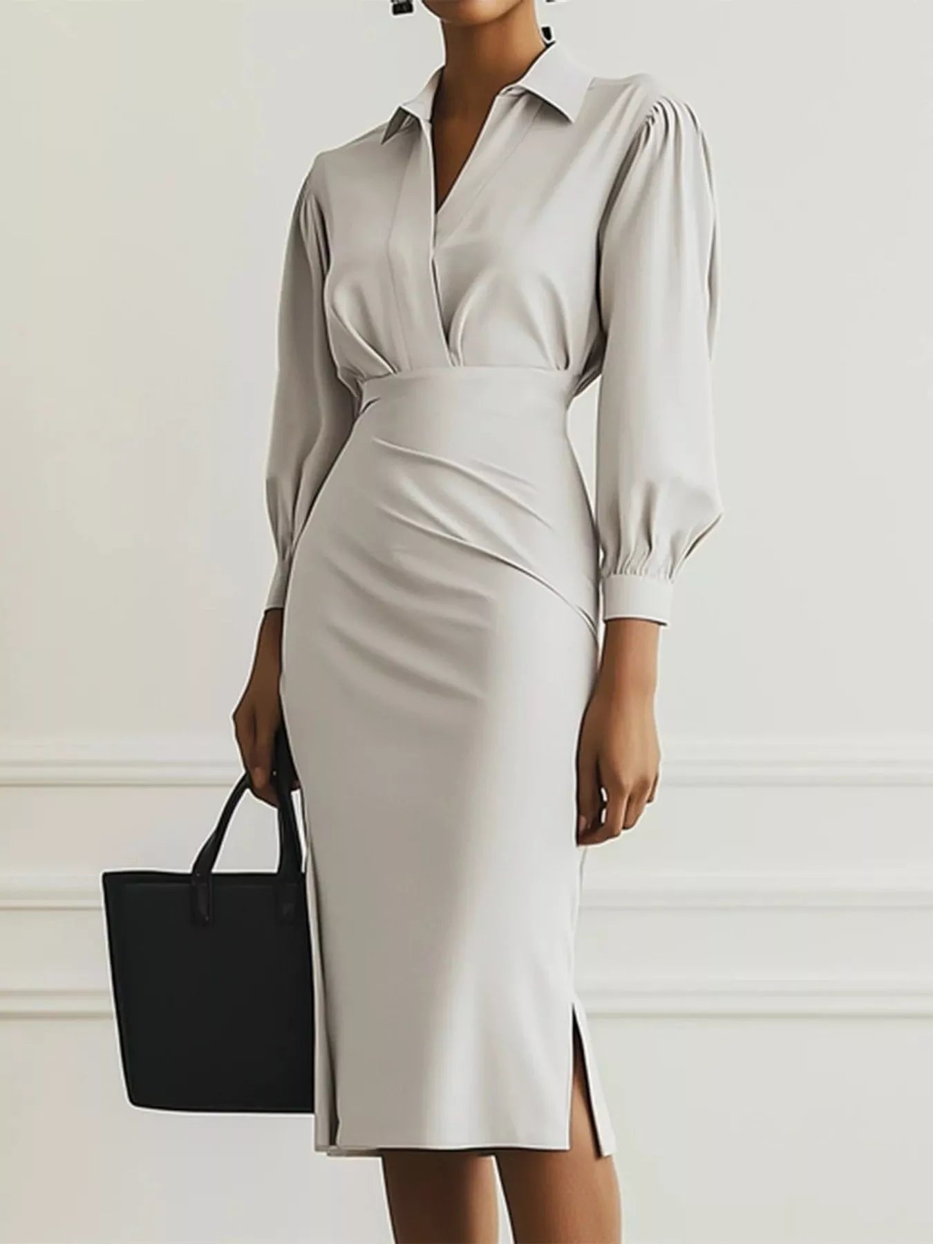 Elegant Ruched Midi Shirt Dress with Chic Side Slit Light Gray