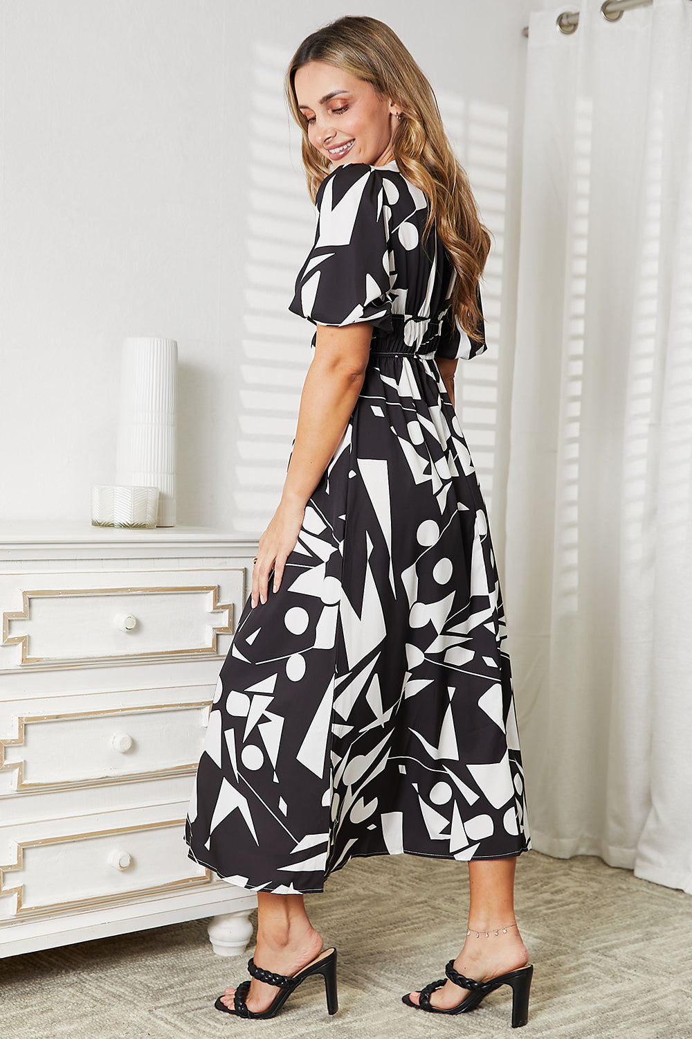 WhimsyGrace Printed Surplice Balloon Sleeve Midi Dress