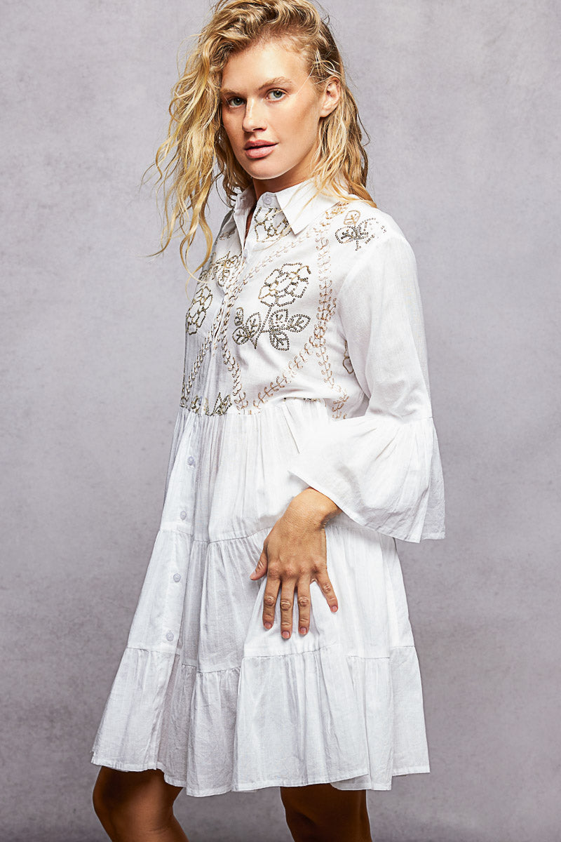 POL Floral Sequin Embroidered Tiered Mini Shirt Dress