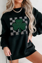 Rhinestone Checkered Lucky Clover Round Neck Sweatshirt Black