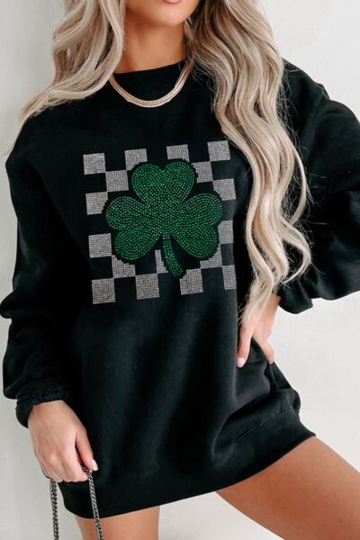 Rhinestone Checkered Lucky Clover Round Neck Sweatshirt Black