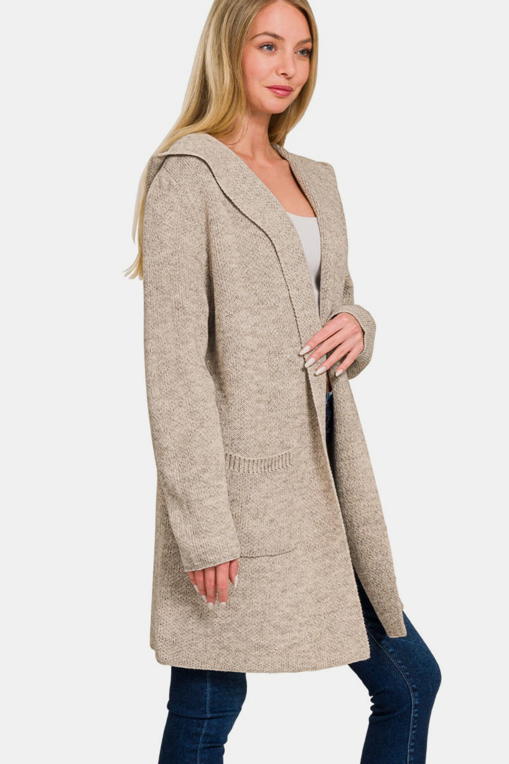 Zenana Hooded Open-Front Pocket Cardigan Mocha
