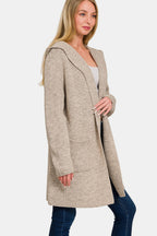 Zenana Hooded Open-Front Pocket Cardigan Mocha