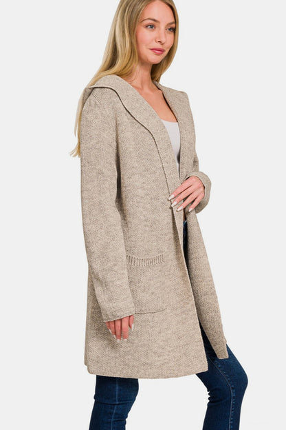 Zenana Hooded Open-Front Pocket Cardigan H Mocha