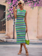CoastEase Striped Sleeveless Round Neck Cover-Up Midi Dress