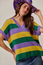 SO ME Mardi Gras Loose-Fit V-Neck Striped Sweater Top