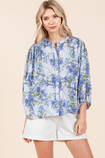 Mittoshop Floral Print Batwing Sleeve Button-Down Blouse