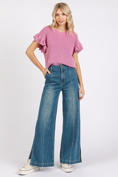 Mittoshop Medium Wash Seam Detail Wide Leg Denim Jeans