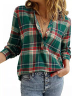 Classic Plaid Half Button Long Sleeve Blouse
