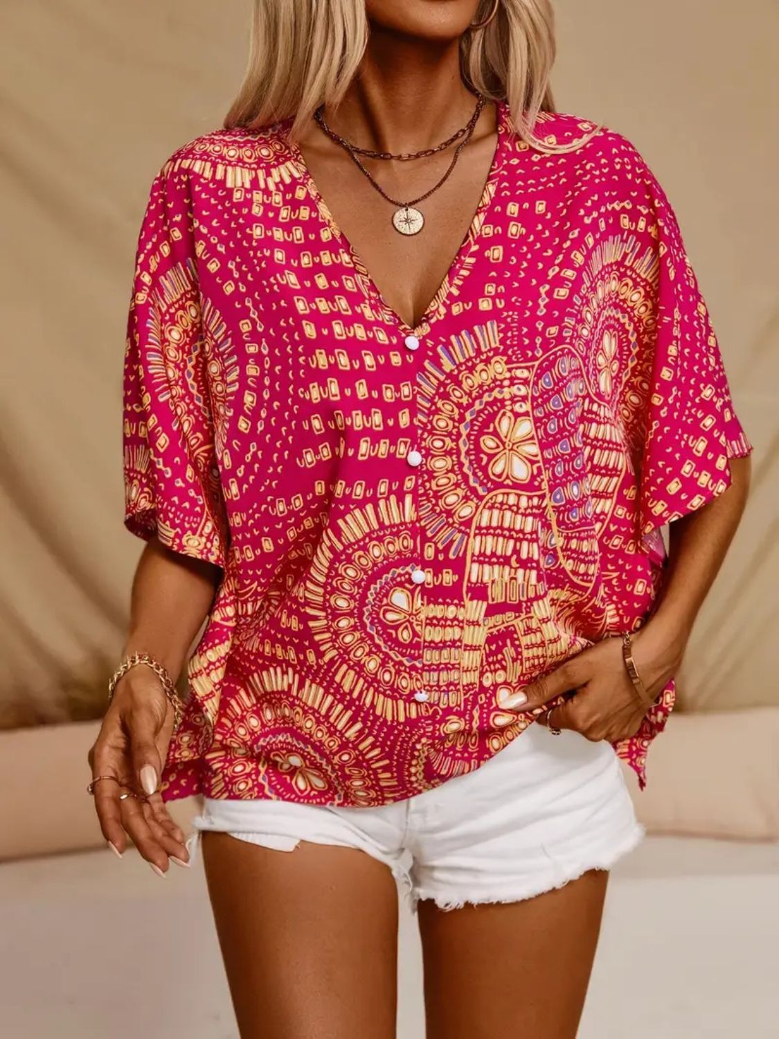 Printed V-Neck Half Sleeve Top - Stylish & Comfortable