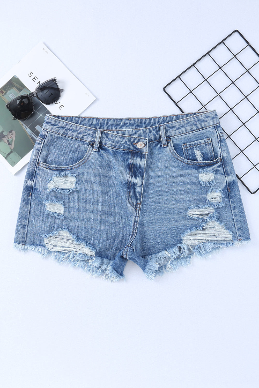 High-Rise Crossover Waist Denim Shorts - Distressed & Stylish