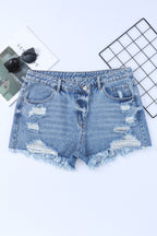 High-Rise Crossover Waist Denim Shorts - Distressed & Stylish
