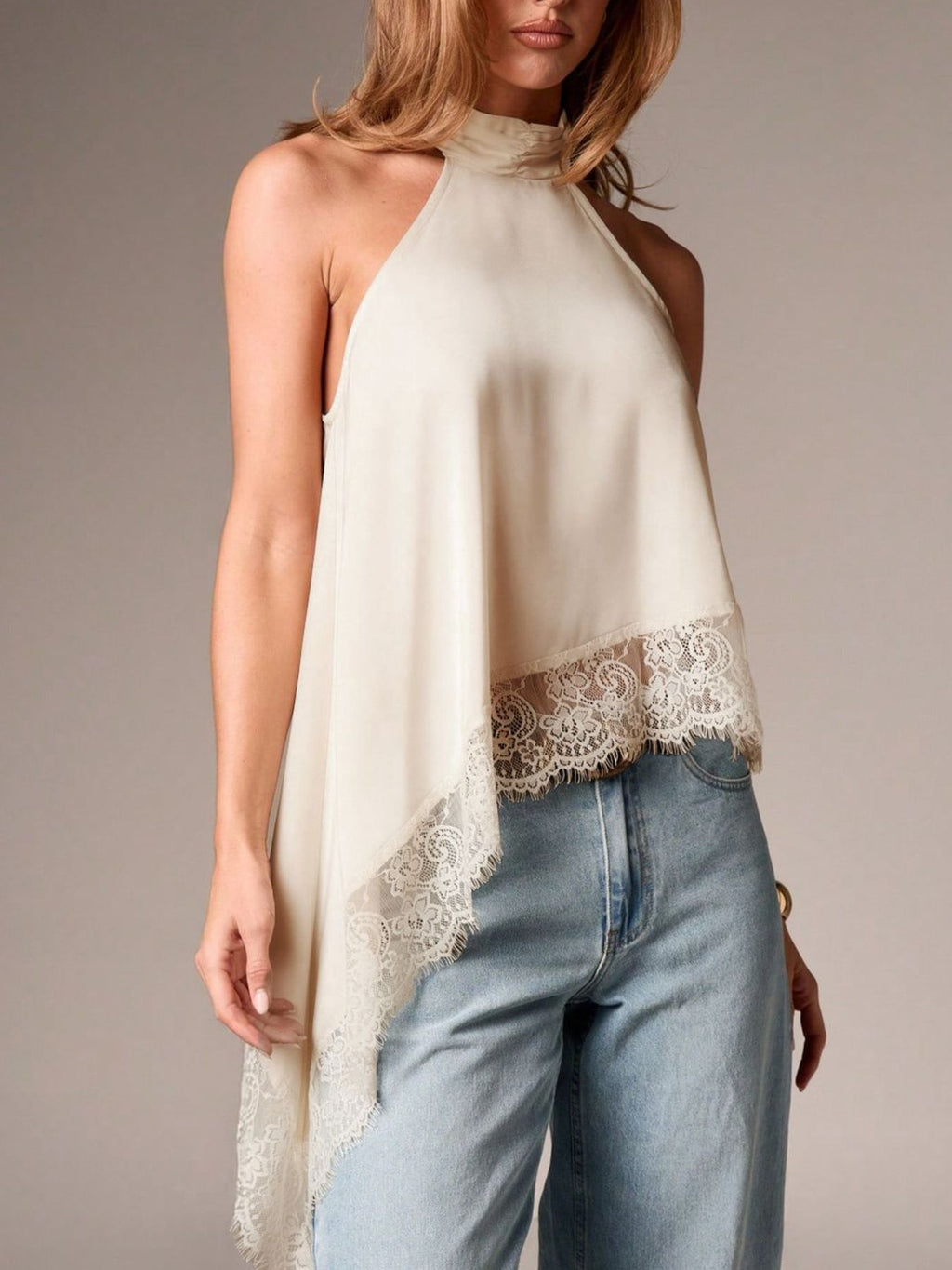 Asymmetrical Lace-Trim Halter Neck Cami Top