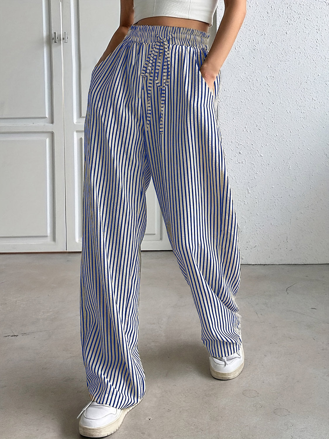 Drawstring Striped Elastic Waist Pants - Casual & Comfortable Blue