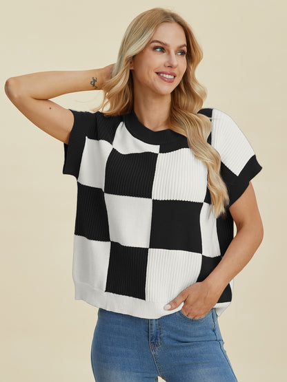 Double Take Checkered Round Neck Short Sleeve Sweater