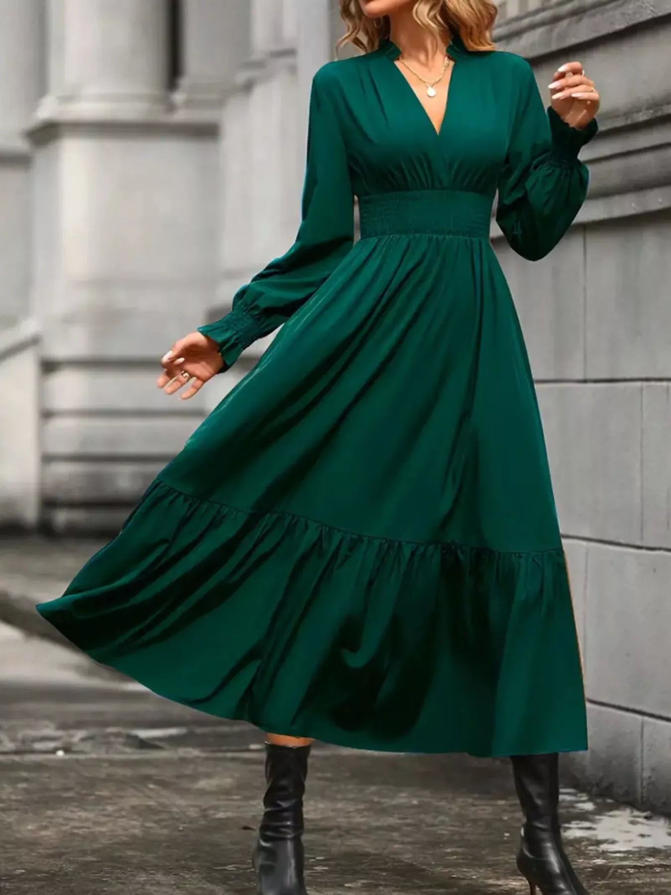 Elegant Ruched Surplice Long Sleeve Tiered Midi Dress