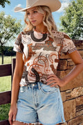 Western Horseshoe Sheer Mesh Tee - Trendy & Bold Caramel