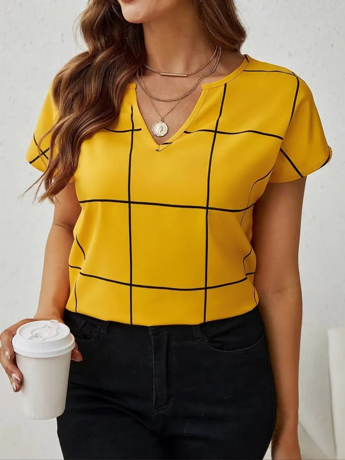 Plaid Contrast Notched Blouse – Stylish & Chic