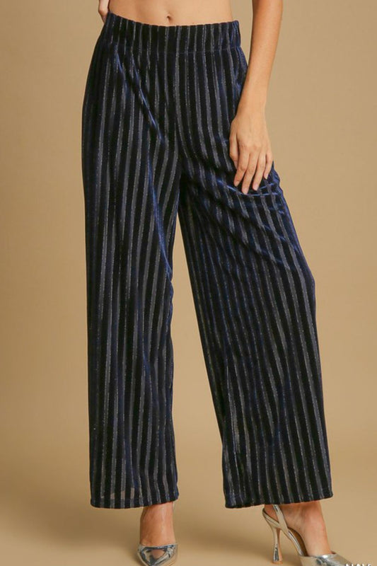 Umgee Striped Wide Leg Velvet Pants with Elastic Waist Navy