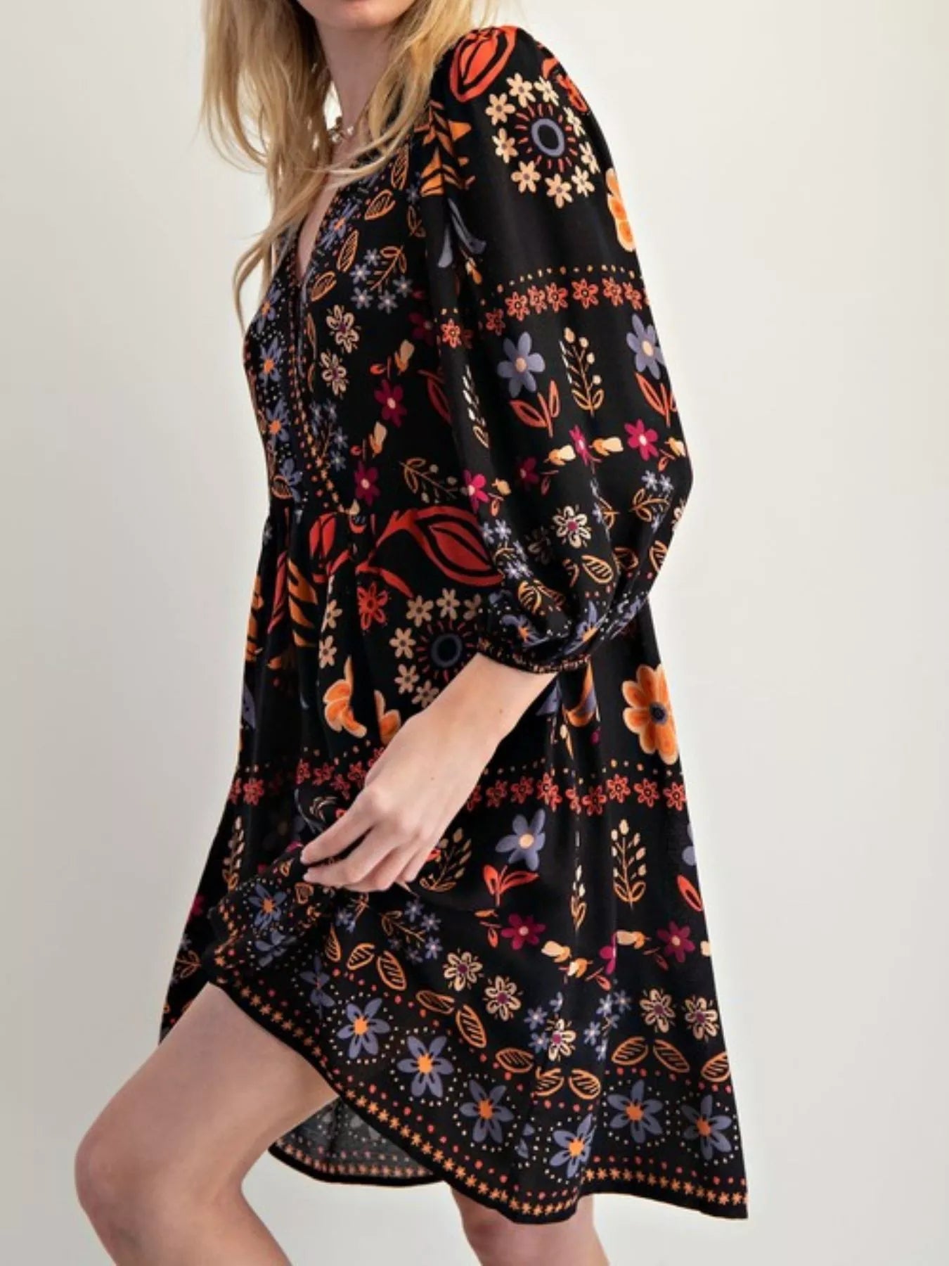 Bohemian Floral Print Ruched Long Sleeve Pocketed Mini Dress