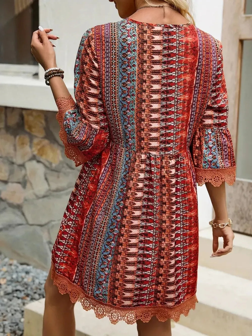 Printed V-Neck Dress with Lace Trim and 3/4 Sleeves