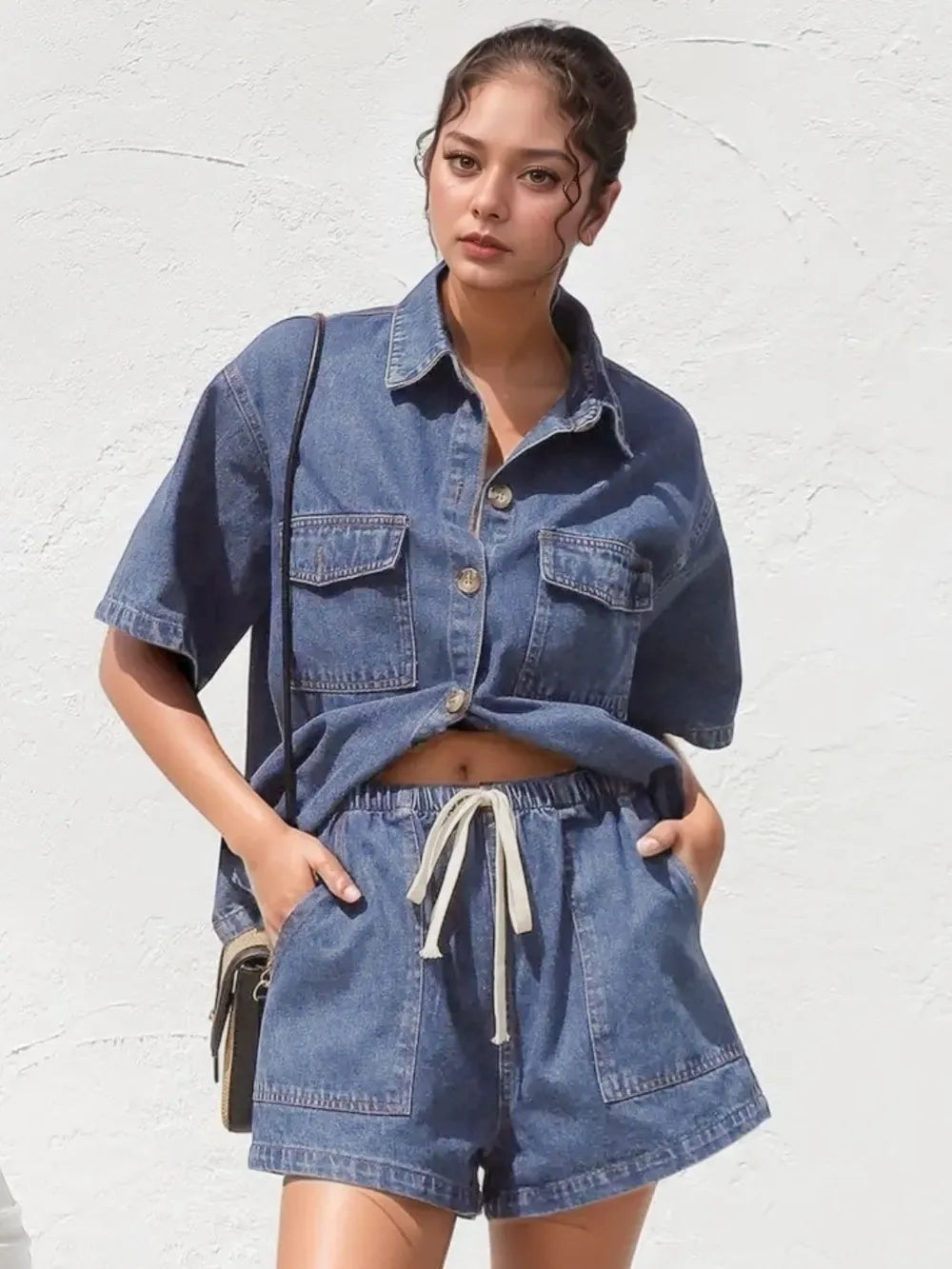 Collared Button-Up Denim Top and Shorts Set – Two-Piece Casual Outfit Medium Blue