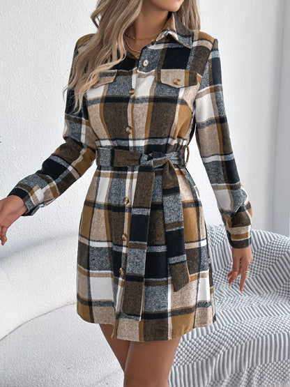 Plaid Button-Front Tie Waist Shirt Dress Khaki