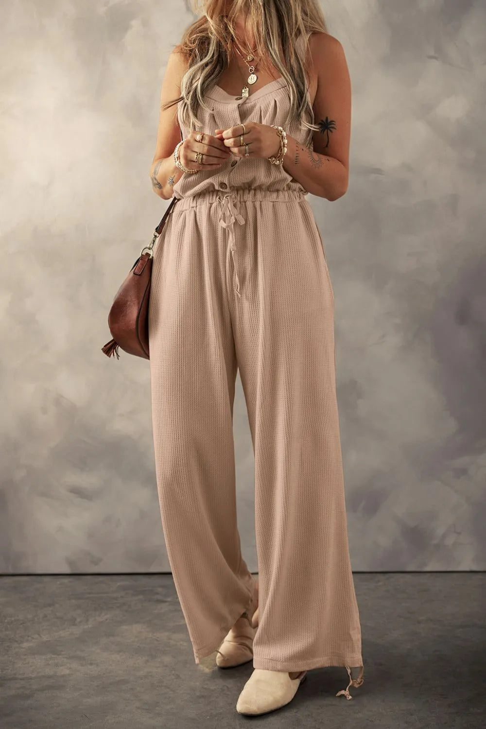 Knotted Straps Button Textured Drawstring Jumpsuit Khaki