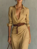 Ruched Button-Front Long Sleeve Maxi Dress (Plus Size)