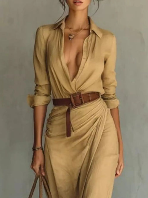 Ruched Button-Front Long Sleeve Maxi Dress (Plus Size)