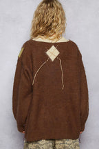 POL Argyle Dreams V‑Neck Mohair Sweater with Contrast Stitch