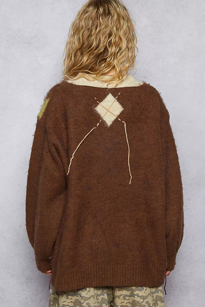 POL Argyle Dreams V‑Neck Mohair Sweater with Contrast Stitch