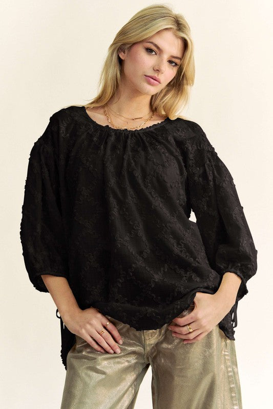 Davi & Dani Adjustable Tie Neck Mesh Blouse Black