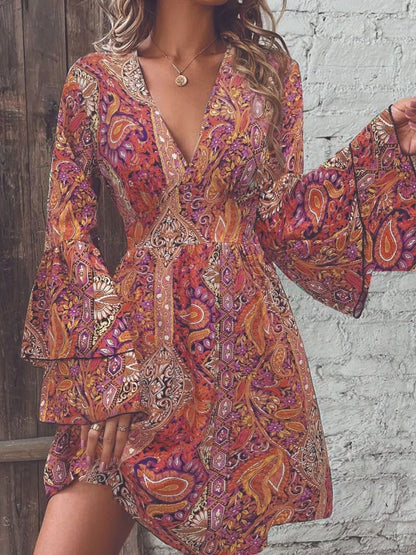 Paisley Print V-Neck Ruffled Flounce Sleeve Dress Red