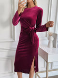 Velvet Side-Tie Slit Long Sleeve Dress Burgundy