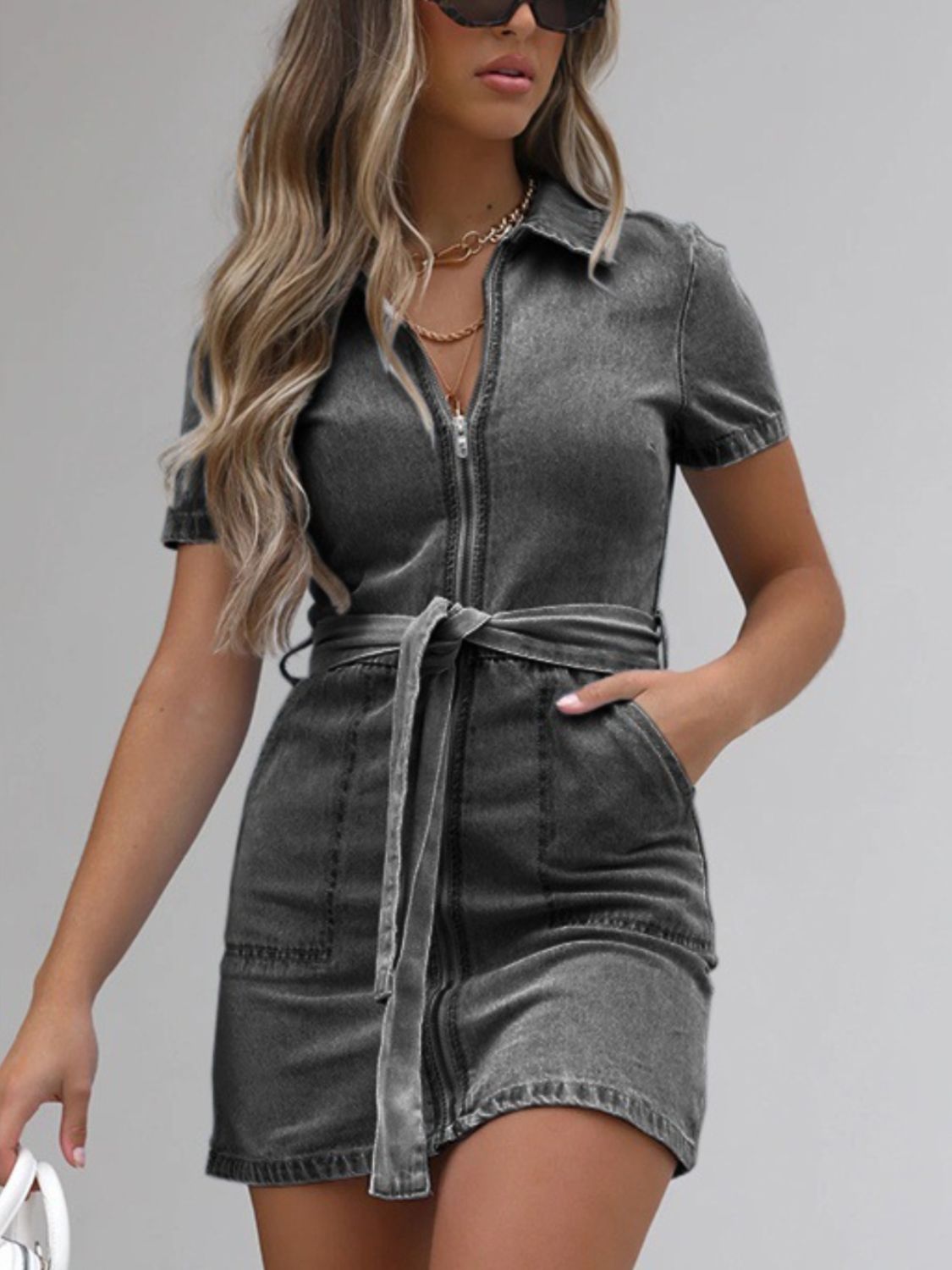 Zip Front Short Sleeve Denim Dress - Stylish & Functional Dark Gray
