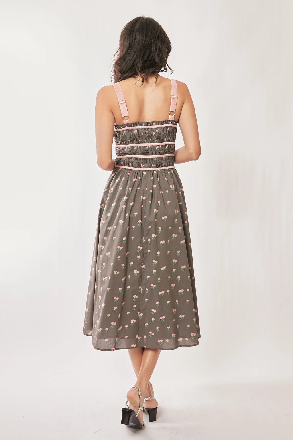 Davi & Dani Contrast Velvet Tape Smocking Bodice Midi Dress