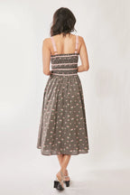 Davi & Dani Contrast Velvet Tape Smocking Bodice Midi Dress
