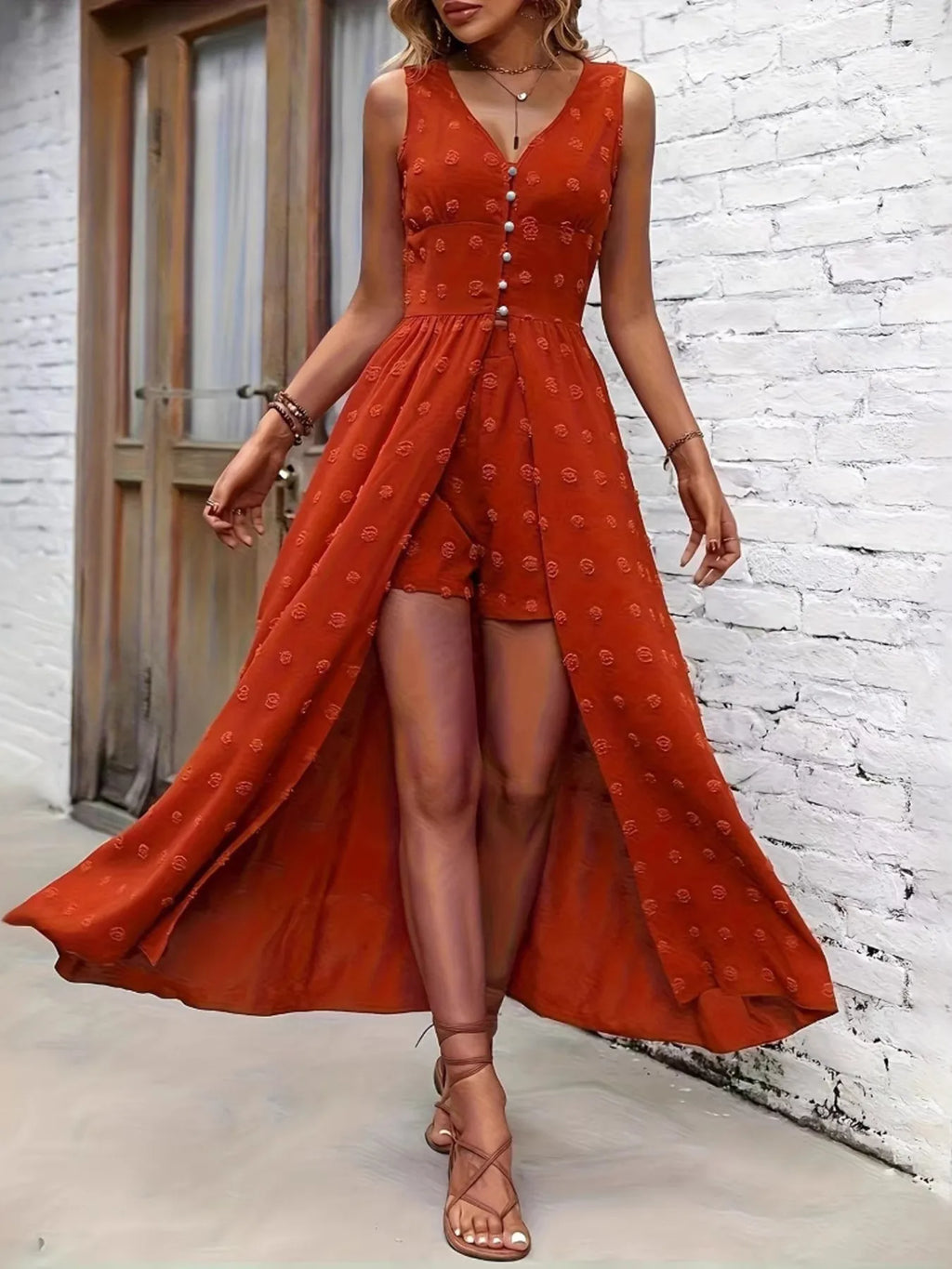 V-Neck Sleeveless Dress and Shorts Set