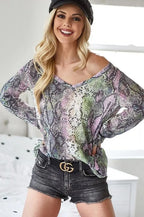 BiBi Snakeskin Print V-Neck Hacci Top