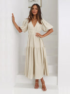 Tiered Surplice Midi Dress with Half Sleeves