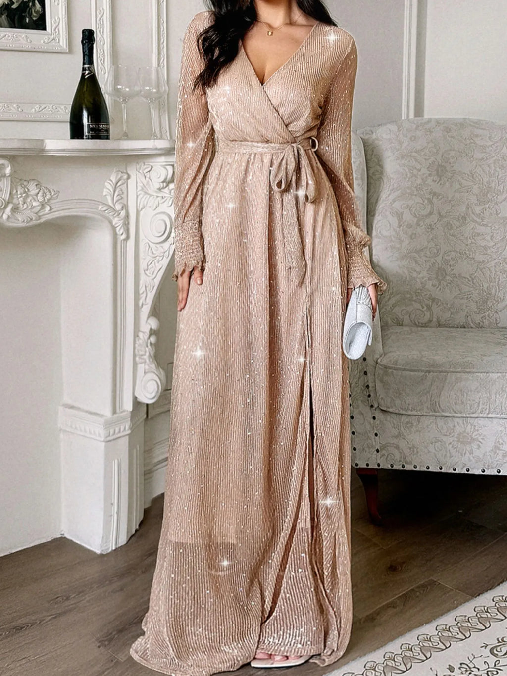 Elegant Surplice Maxi Dress with Slit and Tie Waist