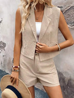 One-Button Sleeveless Cotton Top & Shorts Set