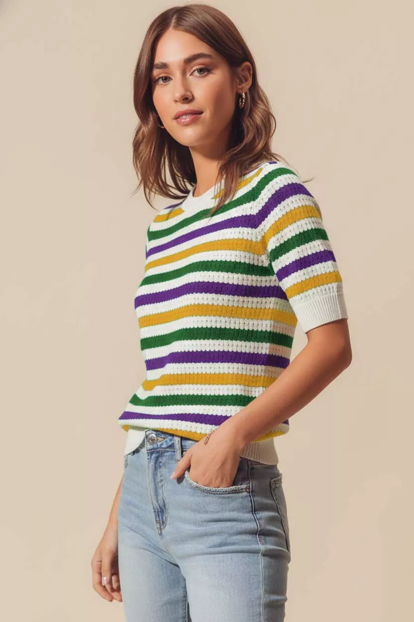 SO ME Mardi Gras Crew-Neck Striped Breathable Sweater