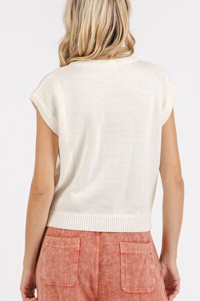 Mittoshop Contrast Letter Round Neck Cap Sleeve Knit Top