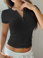 Devine Button Detail Short Sleeve T-Shirt - Soft & Stretchy