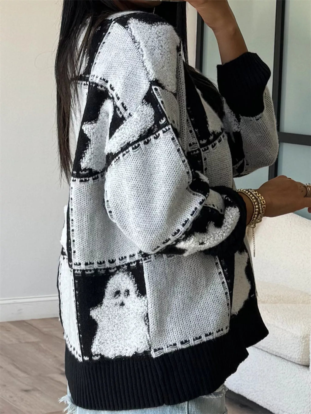 Halloween Ghost Checkered Oversized Sweater