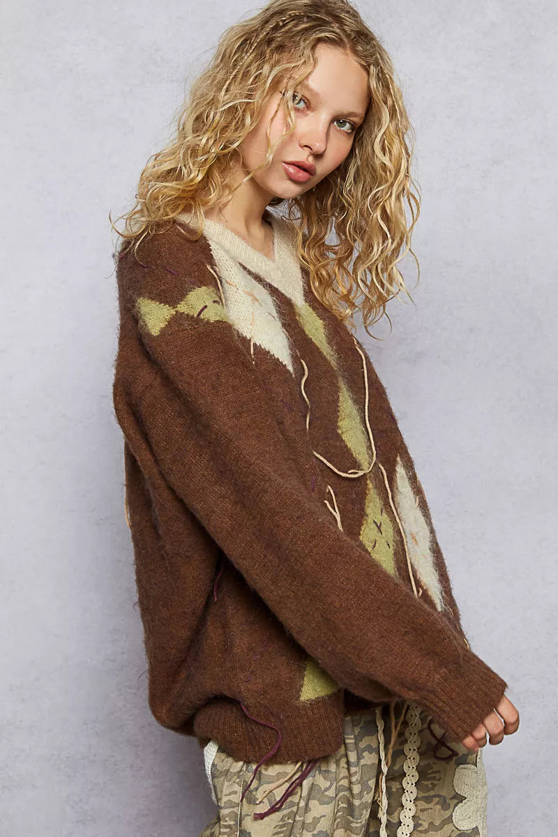POL Argyle Dreams V‑Neck Mohair Sweater with Contrast Stitch