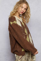 POL Argyle Dreams V‑Neck Mohair Sweater with Contrast Stitch