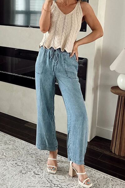 Mineral Wash Drawstring Waist Straight Jeans